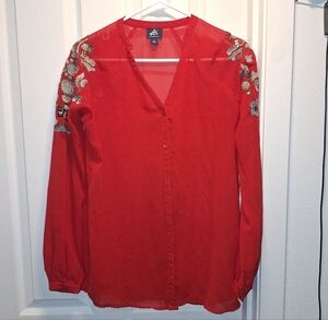 Icon Red Embroidered Sheer Blouse Women's Small